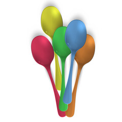 Collection of colorful spoons over white background.