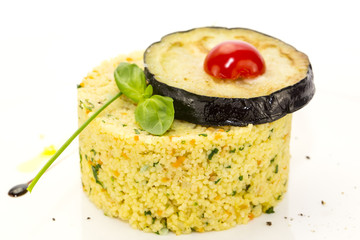 couscous embellished with eggplant and tomato