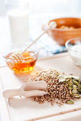 Fitness breakfast with healthy muesli and seeds