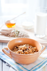 Fitness breakfast with healthy muesli and seeds