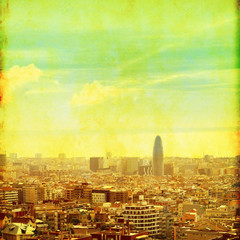 Grunge image of Barcelona cityscape.