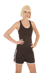 Fototapeta premium Woman black fitness outfit stand smile