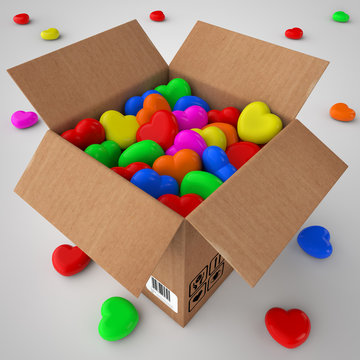 Cardboard box filled with coloured hearts