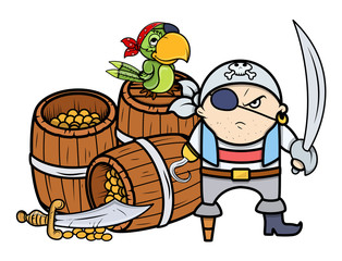 Pirate Captain with Treasure and Parrot - Vector Illustration