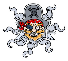 Creepy Octopus Head Captain Pirate - Vector Cartoon Illustration