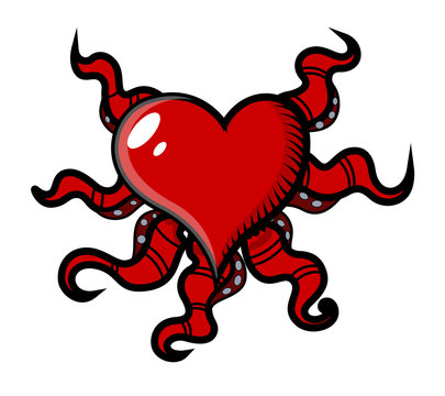 Creepy Octopus Head Heart - Vector Cartoon Illustration