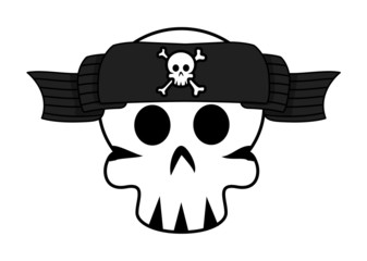 Jolly Roger Banner Over Skull Forehead - Vector Illustration