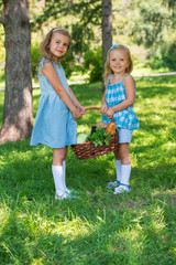Fototapeta premium Two little girls carrying basket with organic food