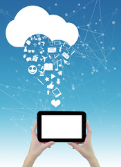 Hands holding tablet with cloud and icons