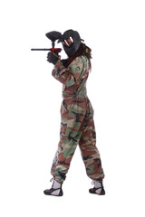 Studio shot of paintball player isolated over white background
