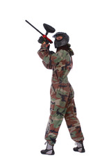 Studio shot of paintball player isolated over white background