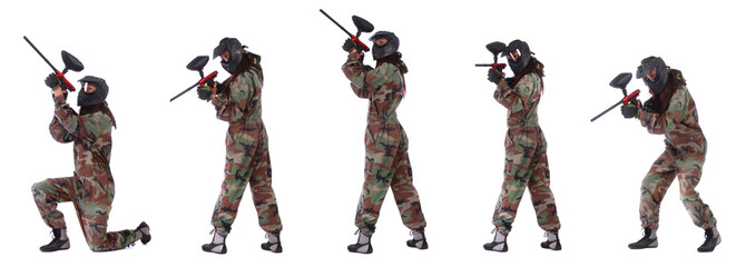 Studio shot of paintball player isolated over white background