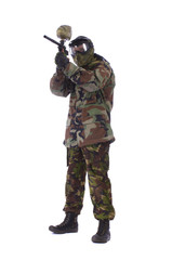 Studio shot of Paintball player over white backgound