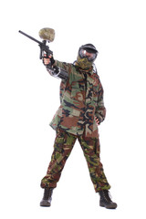 Studio shot of Paintball player over white background