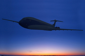 Silhouette of a boeing passenger jet aeroplane at sunset