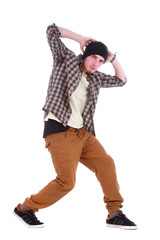 Full length portrait of hip hop male dancer isolated over white 