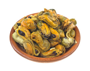 Marinated mussels in small dish