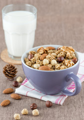 Cereal in a bowl and milk on the table
