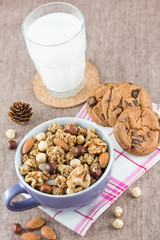 Cereal in a bowl, cookies and milk on the table