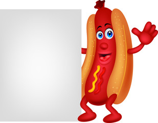 Hot dog cartoon character with blank sign