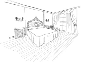 Classic bedroom interior designed in black and white graphics