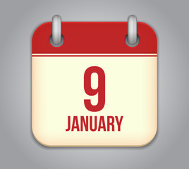 Vector calendar app icon. 9 January