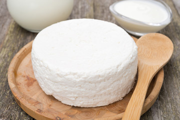 fresh homemade cottage cheese, yogurt and milk, close-up