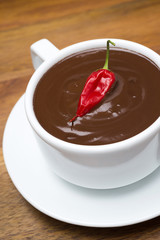 hot chocolate with chili peppers on a wooden background, closeup
