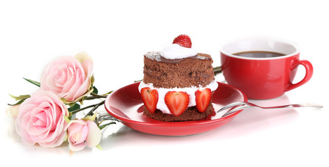 Chocolate cake with strawberry isolated on white