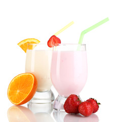 Delicious milk shakes with orange and strawberries isolated
