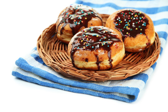 Tasty donuts with chocolate, isolated on white