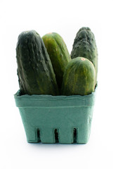 Fresh cucumbers in a basket on isolated white background