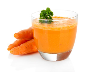 Fresh carrot juice isolated on white