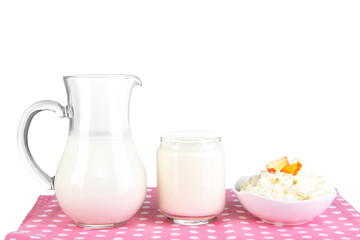 Fresh dairy products with peaches isolated on white