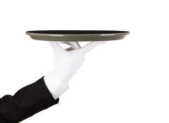 Empty tray in hand waiter isolated on white