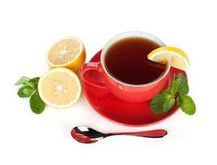 Red tea cup with lemon and mint