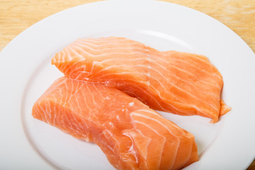 Two Atlantic Salmon Fillets on White Plate