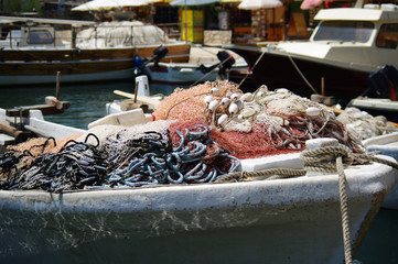 Fishing nets and ropes on boats bow