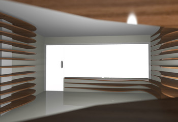 Abstract interior with empty wood shelfs