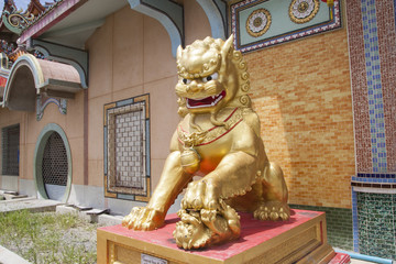 Golden Chinese lion statue in front of Chinese temple