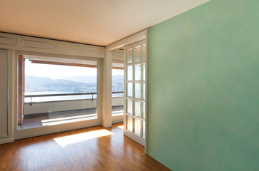 Interior, empty apartment classic, large room with windows