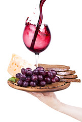 wine and food with waiter hand