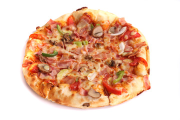 Pizza ham and mushroom isolated in white background