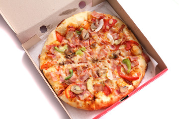 Pizza ham and mushroom isolated in white background