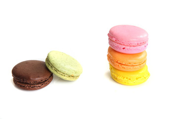 Colorful Macaron in close up isolated on white background