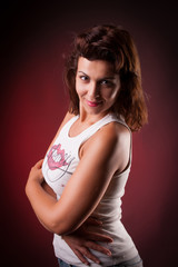 sensual woman studio portrait hugging