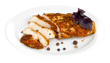 Roasted chicken fillets on white plate, isolated on white