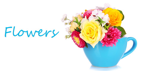 Beautiful bouquet of bright flowers in blue mug, isolated - Powered by Adobe