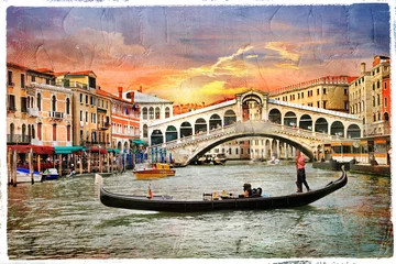 Wall murals Rialto Bridge Venetian sunset, artwork in  panting style