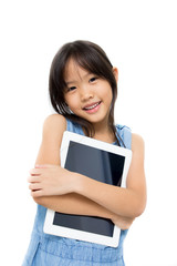 Happy Asian child with tablet computer with white background